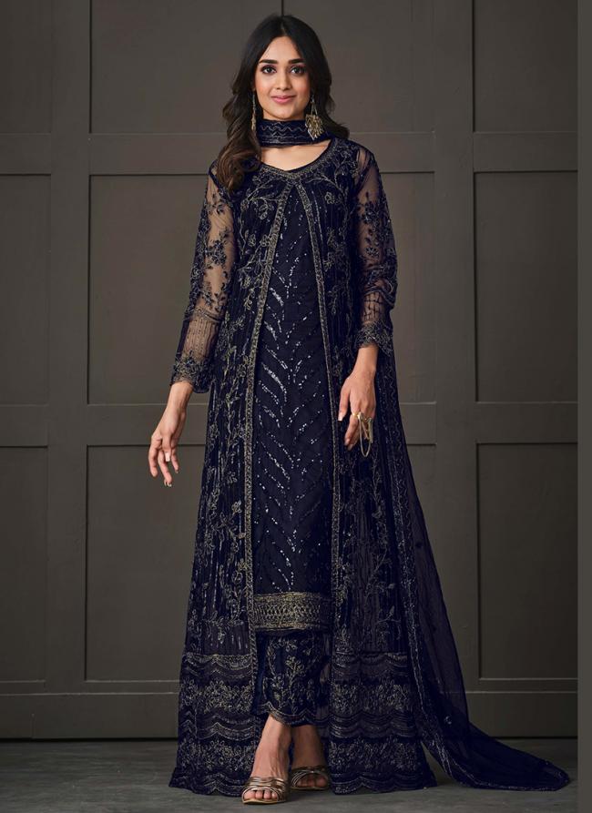 Butterfly Net Navy Blue Party Wear Emboidery Work Indo Western